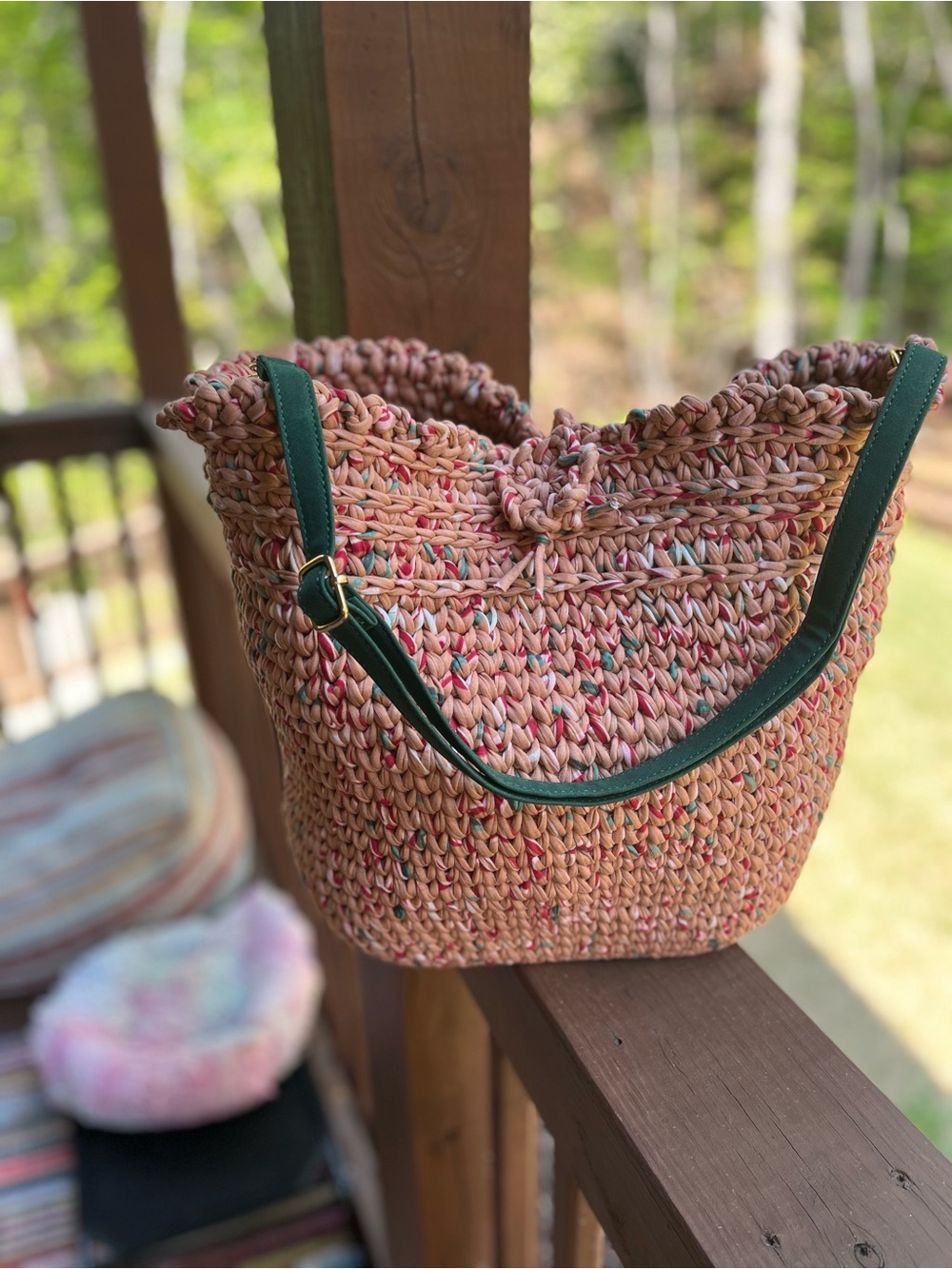 Women’s cotton crochet Shoulder Bag with Green Strap